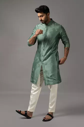 Green silk embroidered kurta set