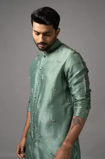 Green silk embroidered kurta set