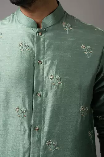 Green silk embroidered kurta set