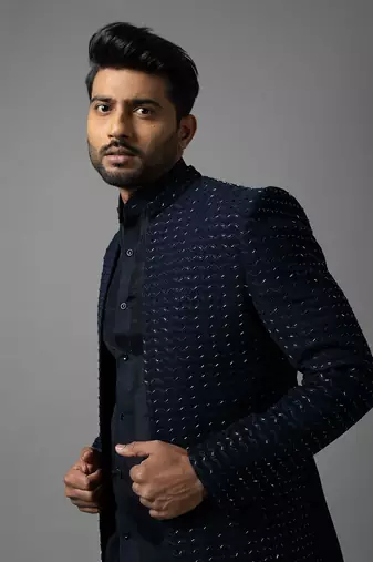Navy blue open indo jacket set