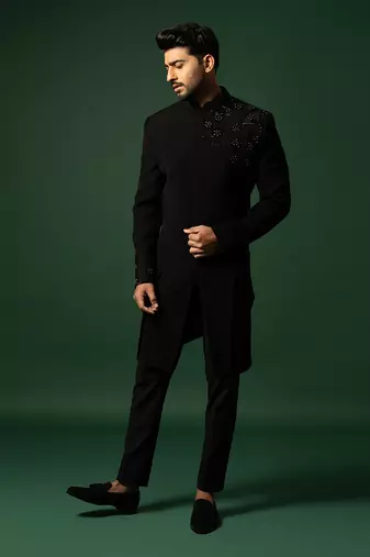 Black embroidered indo jacket set