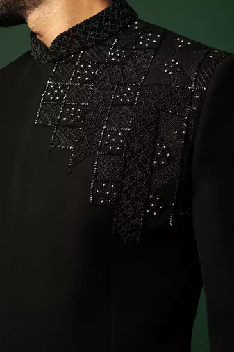 Black embroidered indo jacket set