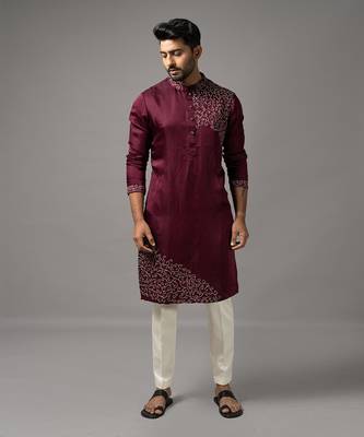 Wine satin linen embroidered kurta set 1
