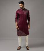 Wine satin linen embroidered kurta set