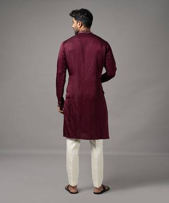 Wine satin linen embroidered kurta set 2