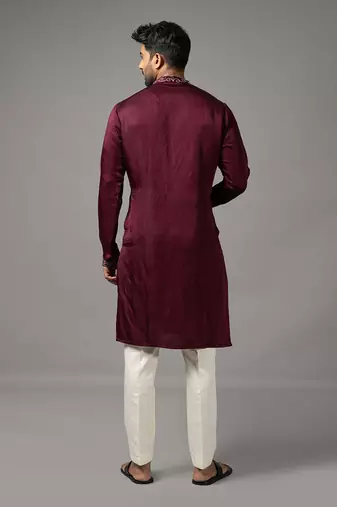 Wine satin linen embroidered kurta set