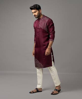 Wine satin linen embroidered kurta set 3