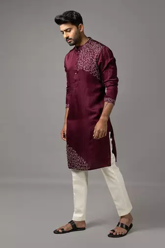 Wine satin linen embroidered kurta set
