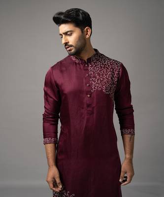 Wine satin linen embroidered kurta set 4