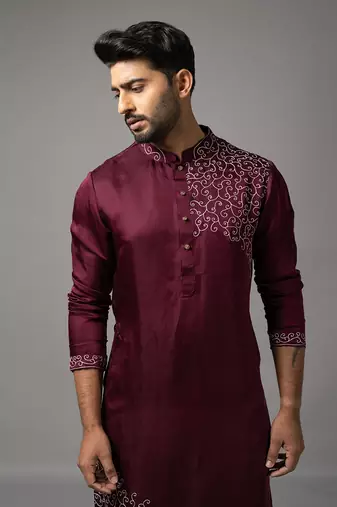 Wine satin linen embroidered kurta set