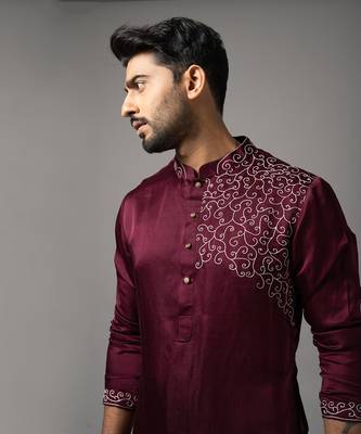 Wine satin linen embroidered kurta set 5