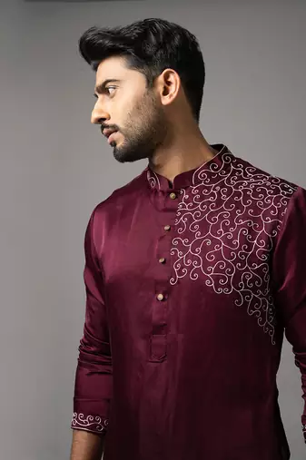 Wine satin linen embroidered kurta set