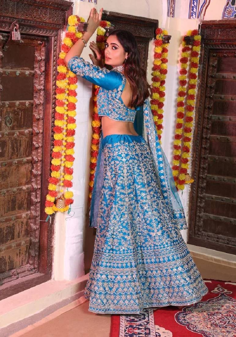 Blue Zari Dori And Sequins Embroidered Japan Satin Semi Stitched Lehenga Choli For Wedding