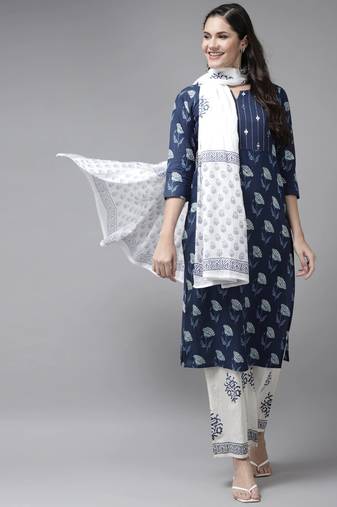 blue & white ethnic motifs printed mirror work kurta with palazzos & dupatta