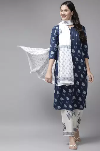 blue & white ethnic motifs printed mirror work kurta with palazzos & dupatta