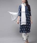 blue & white ethnic motifs printed mirror work kurta with palazzos & dupatta