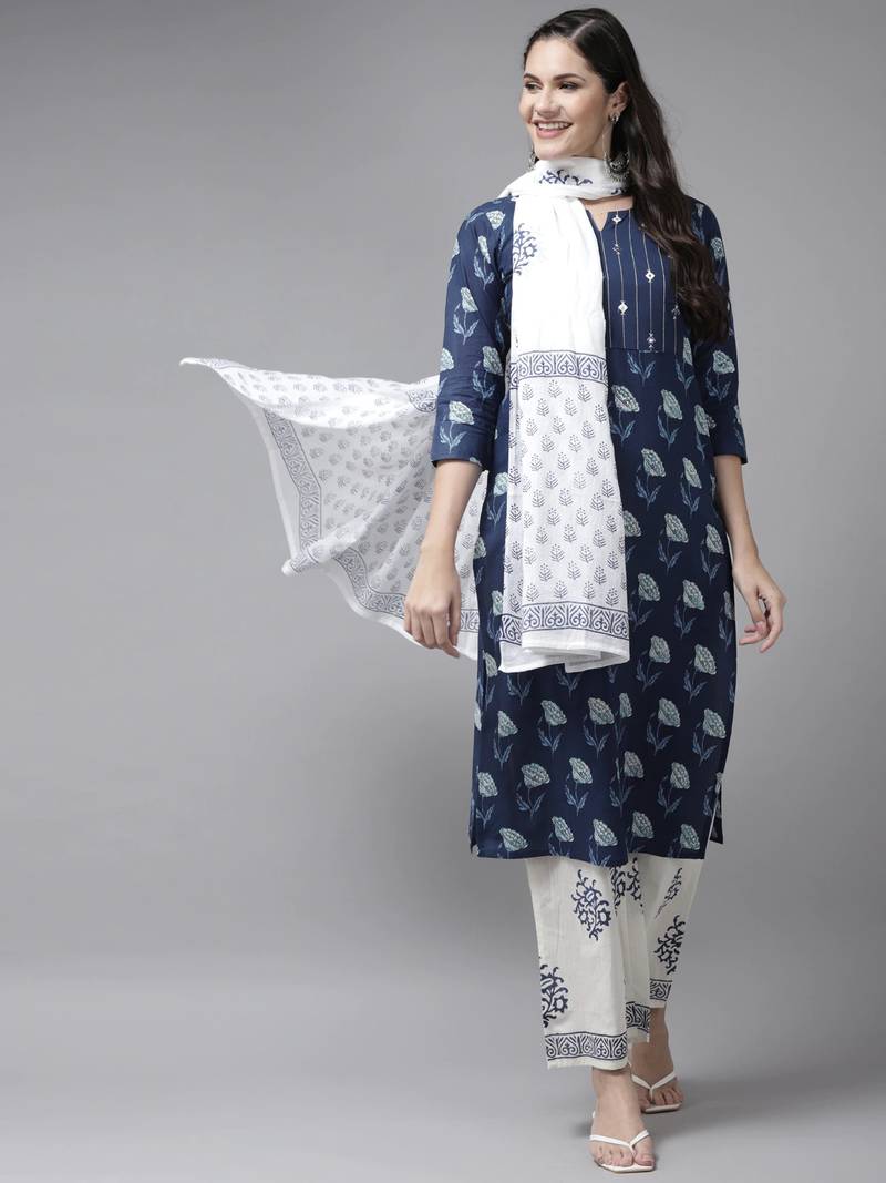 Yufta blue & white ethnic motifs printed mirror work kurta with palazzos & dupatta