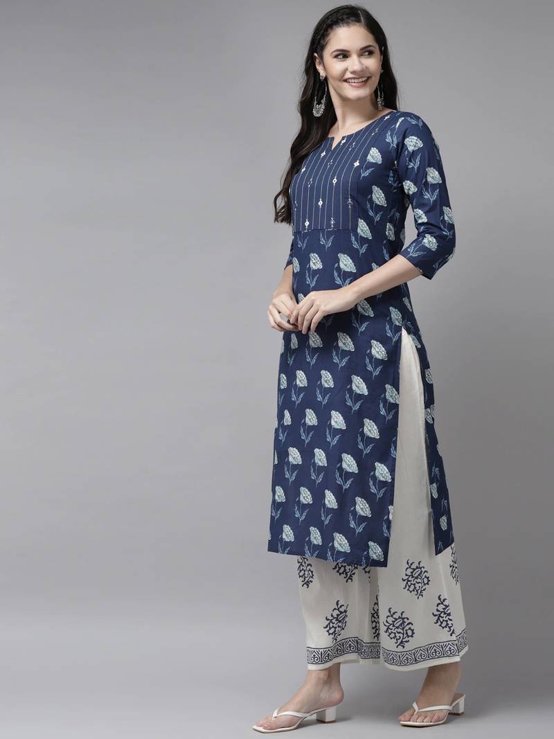 Yufta blue & white ethnic motifs printed mirror work kurta with palazzos & dupatta