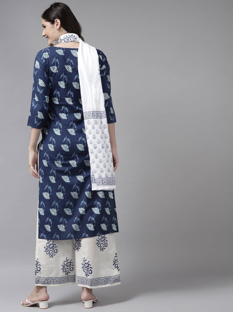 Yufta blue & white ethnic motifs printed mirror work kurta with palazzos & dupatta