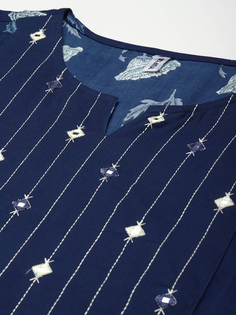 Yufta blue & white ethnic motifs printed mirror work kurta with palazzos & dupatta