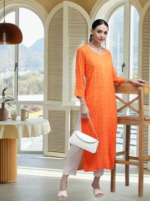 Hand Embroidered Orange Georgette Lucknow Chikankari Indian Women Kurta 1