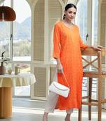 Hand Embroidered Orange Georgette Lucknow Chikankari Indian Women Kurta