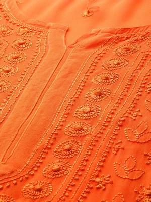 Hand Embroidered Orange Georgette Lucknow Chikankari Indian Women Kurta 2