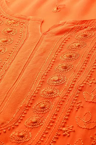 Hand Embroidered Orange Georgette Lucknow Chikankari Indian Women Kurta