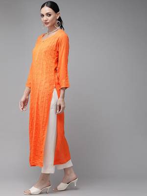 Hand Embroidered Orange Georgette Lucknow Chikankari Indian Women Kurta 3