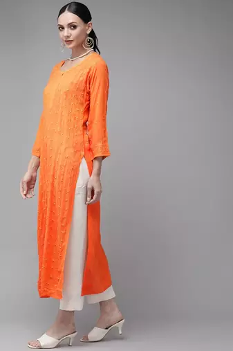 Hand Embroidered Orange Georgette Lucknow Chikankari Indian Women Kurta