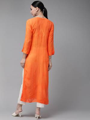Hand Embroidered Orange Georgette Lucknow Chikankari Indian Women Kurta 4
