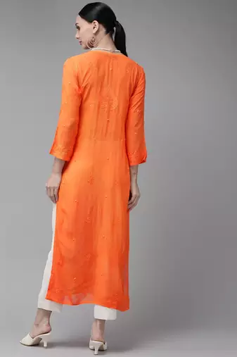 Hand Embroidered Orange Georgette Lucknow Chikankari Indian Women Kurta