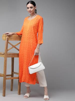 Hand Embroidered Orange Georgette Lucknow Chikankari Indian Women Kurta 5