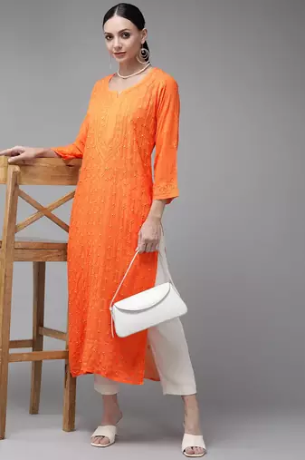 Hand Embroidered Orange Georgette Lucknow Chikankari Indian Women Kurta