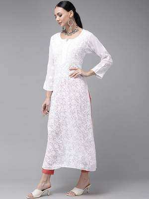 Hand Embroidered White Georgette Lucknowi Chikankari Indian Women Kurta 1