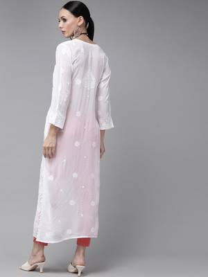 Hand Embroidered White Georgette Lucknowi Chikankari Indian Women Kurta 3