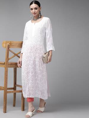 Hand Embroidered White Georgette Lucknowi Chikankari Indian Women Kurta 4