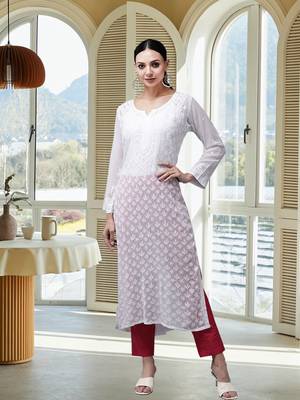 Handmade White Georgette Lucknow Chikankari Indian Women Long Kurta/Kurti 1