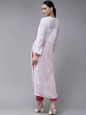Handmade White Georgette Lucknow Chikankari Indian Women Long Kurta/Kurti 3