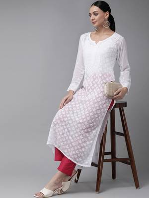 Handmade White Georgette Lucknow Chikankari Indian Women Long Kurta/Kurti 4