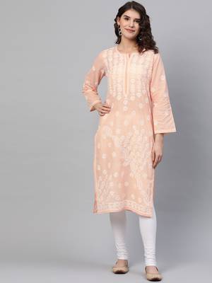 Hand Embroidered Peach Cotton Lucknow Chikankari Indian Women Straight Kurta 1