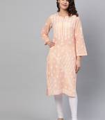 Hand Embroidered Peach Cotton Lucknow Chikankari Indian Women Straight Kurta