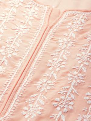 Hand Embroidered Peach Cotton Lucknow Chikankari Indian Women Straight Kurta 2