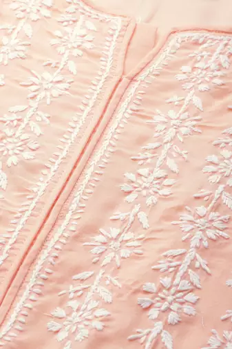 Hand Embroidered Peach Cotton Lucknow Chikankari Indian Women Straight Kurta