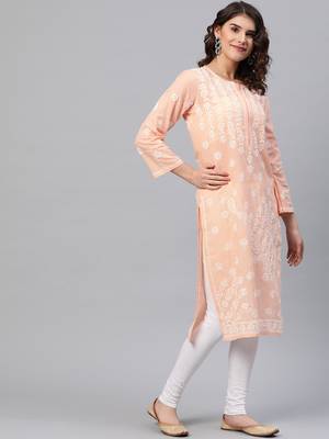 Hand Embroidered Peach Cotton Lucknow Chikankari Indian Women Straight Kurta 3