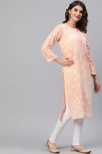 Hand Embroidered Peach Cotton Lucknow Chikankari Indian Women Straight Kurta