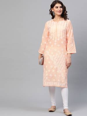 Hand Embroidered Peach Cotton Lucknow Chikankari Indian Women Straight Kurta 4