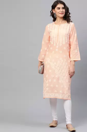 Hand Embroidered Peach Cotton Lucknow Chikankari Indian Women Straight Kurta