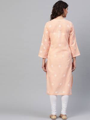Hand Embroidered Peach Cotton Lucknow Chikankari Indian Women Straight Kurta 5