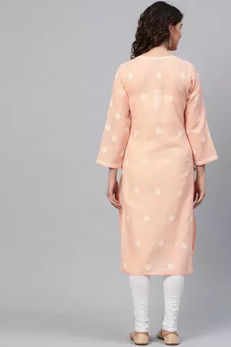 Hand Embroidered Peach Cotton Lucknow Chikankari Indian Women Straight Kurta